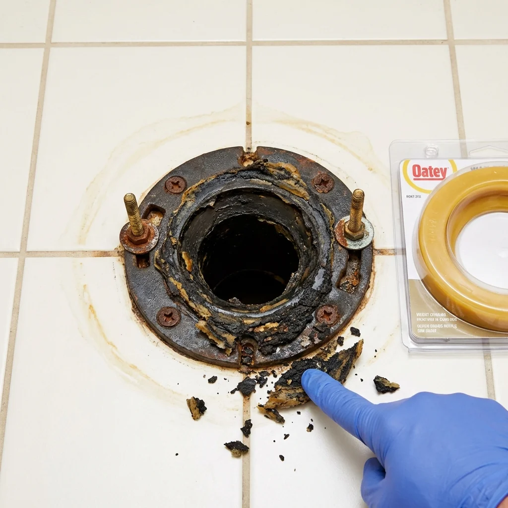 Failed wax ring showing water seepage at the base of a toilet in a Spring Lake, MI home